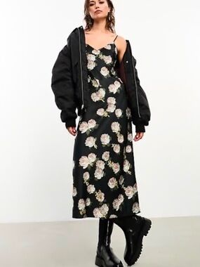 AllSaints Black Maxi Slip Dress with Pale Pink Rose Print
